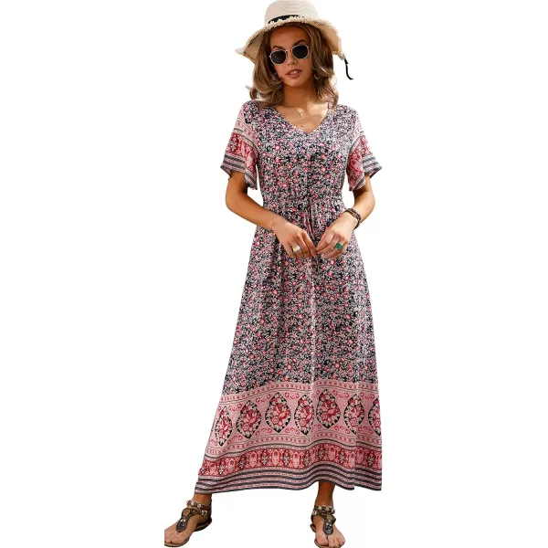 GRECERELLE Women Boho Summer Floral Print Loose Casual Dress V Neck Short Sleeve Drawstring Waist Flowy Long Maxi Dresses