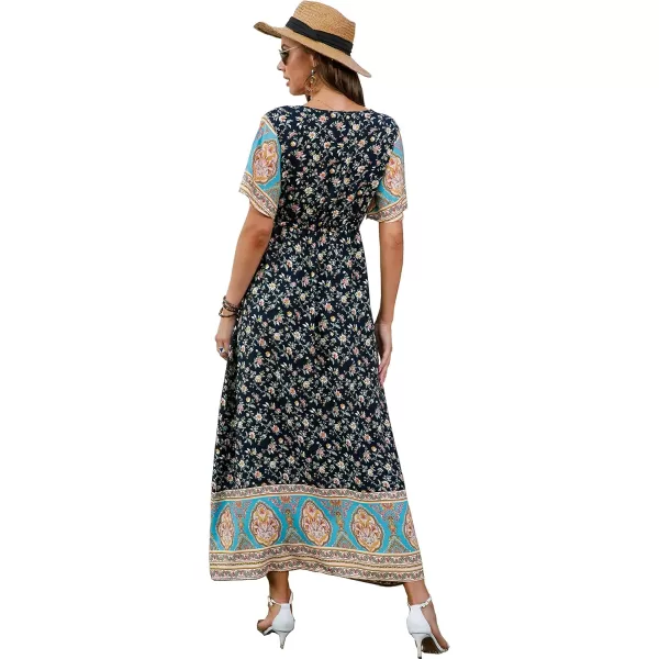 GRECERELLE Women Boho Summer Floral Print Loose Casual Dress V Neck Short Sleeve Drawstring Waist Flowy Long Maxi Dresses