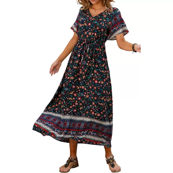 GRECERELLE Women Boho Summer Floral Print Loose Casual Dress V Neck Short Sleeve Drawstring Waist Flowy Long Maxi Dresses