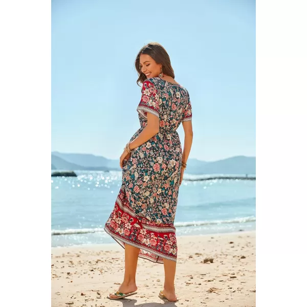 GRECERELLE Women Boho Summer Floral Print Loose Casual Dress V Neck Short Sleeve Drawstring Waist Flowy Long Maxi Dresses