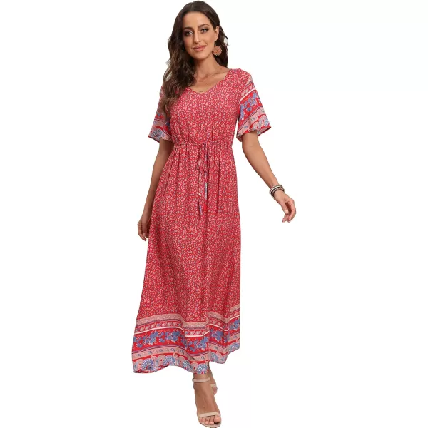 GRECERELLE Women Boho Summer Floral Print Loose Casual Dress V Neck Short Sleeve Drawstring Waist Flowy Long Maxi Dresses