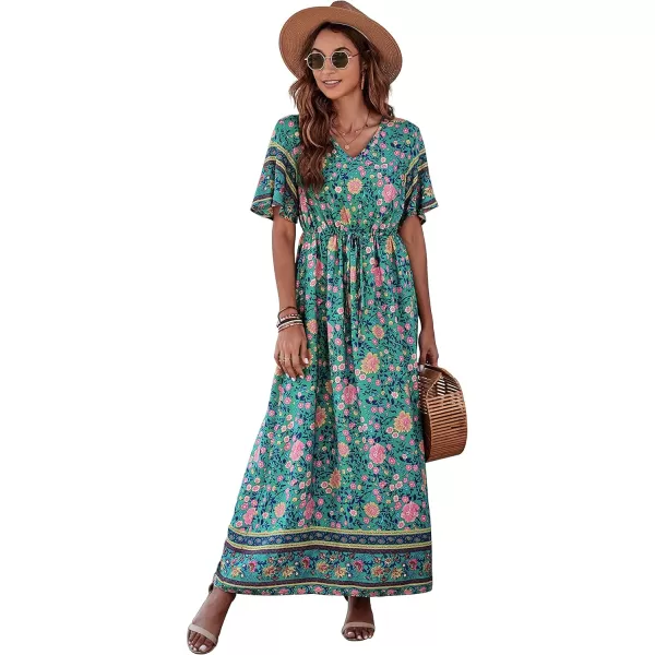 GRECERELLE Women Boho Summer Floral Print Loose Casual Dress V Neck Short Sleeve Drawstring Waist Flowy Long Maxi Dresses