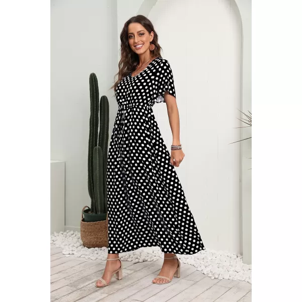 GRECERELLE Women Boho Summer Floral Print Loose Casual Dress V Neck Short Sleeve Drawstring Waist Flowy Long Maxi Dresses