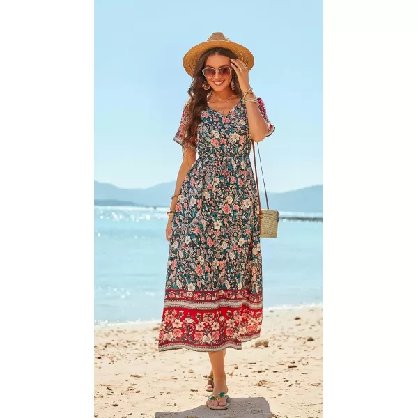 GRECERELLE Women Boho Summer Floral Print Loose Casual Dress V Neck Short Sleeve Drawstring Waist Flowy Long Maxi Dresses