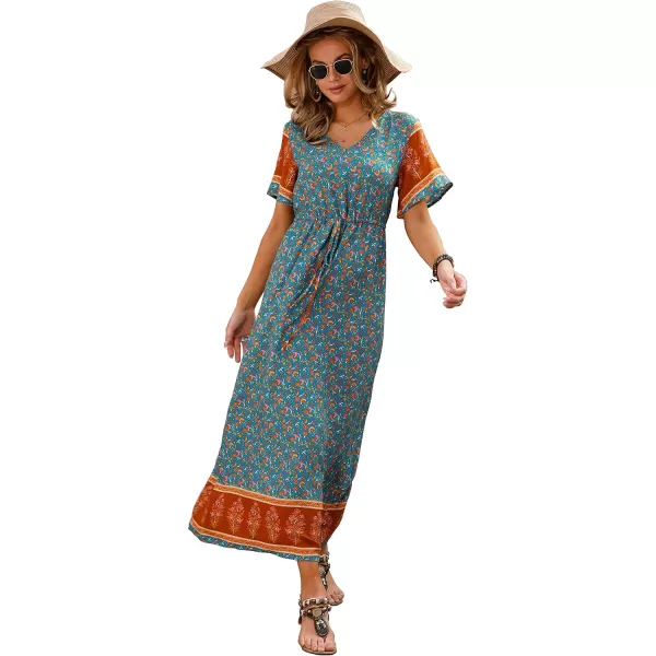 GRECERELLE Women Boho Summer Floral Print Loose Casual Dress V Neck Short Sleeve Drawstring Waist Flowy Long Maxi Dresses