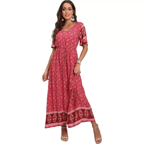 GRECERELLE Women Boho Summer Floral Print Loose Casual Dress V Neck Short Sleeve Drawstring Waist Flowy Long Maxi Dresses