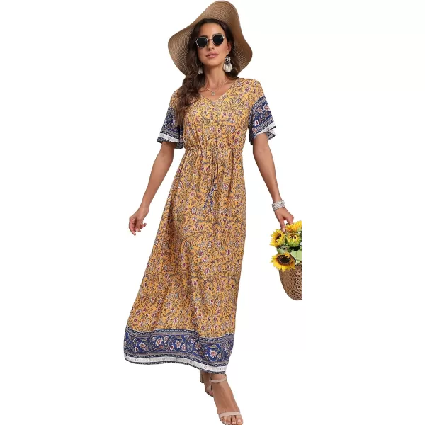 GRECERELLE Women Boho Summer Floral Print Loose Casual Dress V Neck Short Sleeve Drawstring Waist Flowy Long Maxi Dresses