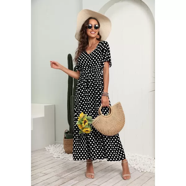 GRECERELLE Women Boho Summer Floral Print Loose Casual Dress V Neck Short Sleeve Drawstring Waist Flowy Long Maxi Dresses