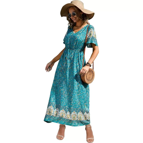 GRECERELLE Women Boho Summer Floral Print Loose Casual Dress V Neck Short Sleeve Drawstring Waist Flowy Long Maxi Dresses
