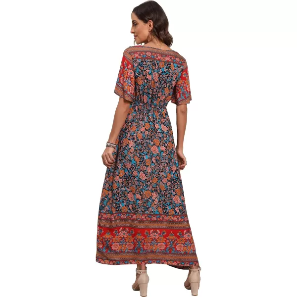 GRECERELLE Women Boho Summer Floral Print Loose Casual Dress V Neck Short Sleeve Drawstring Waist Flowy Long Maxi Dresses