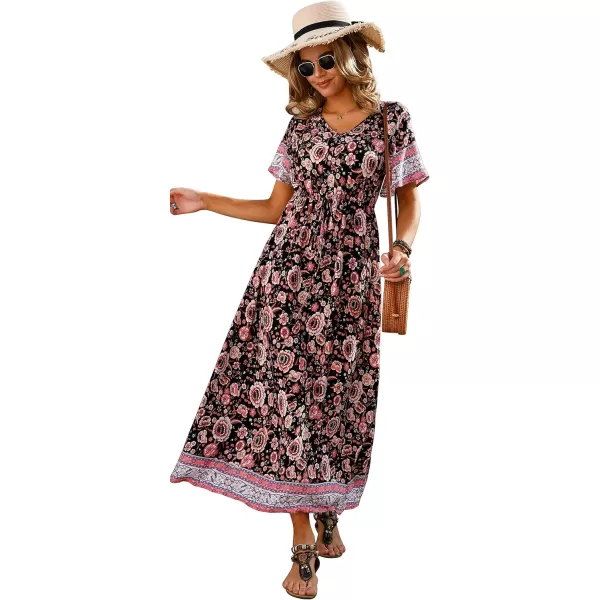 GRECERELLE Women Boho Summer Floral Print Loose Casual Dress V Neck Short Sleeve Drawstring Waist Flowy Long Maxi Dresses