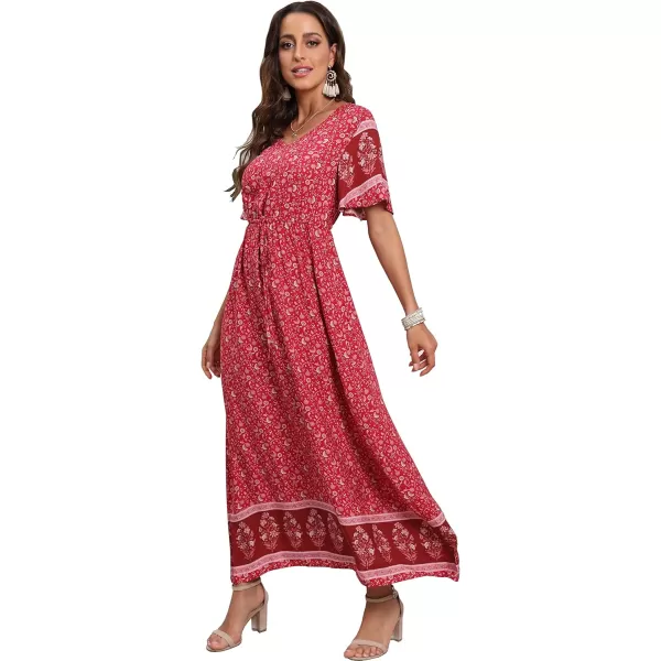 GRECERELLE Women Boho Summer Floral Print Loose Casual Dress V Neck Short Sleeve Drawstring Waist Flowy Long Maxi Dresses