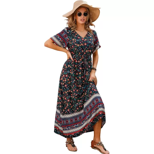 GRECERELLE Women Boho Summer Floral Print Loose Casual Dress V Neck Short Sleeve Drawstring Waist Flowy Long Maxi Dresses