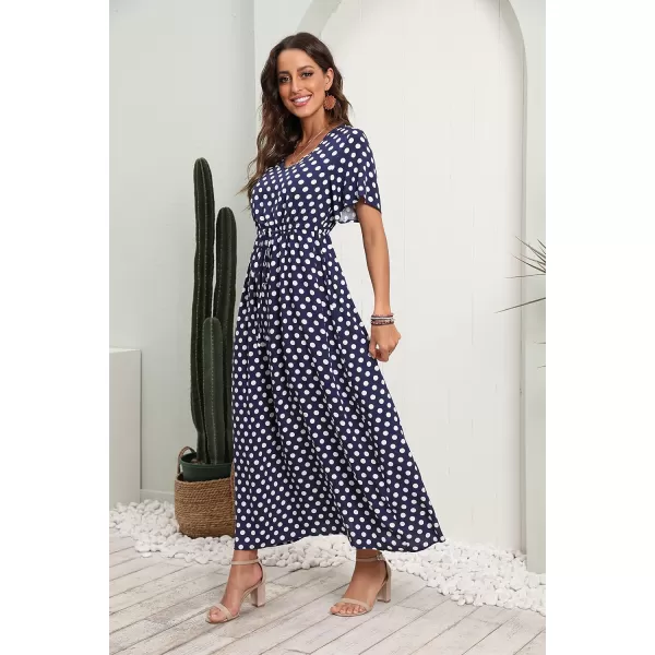 GRECERELLE Women Boho Summer Floral Print Loose Casual Dress V Neck Short Sleeve Drawstring Waist Flowy Long Maxi Dresses