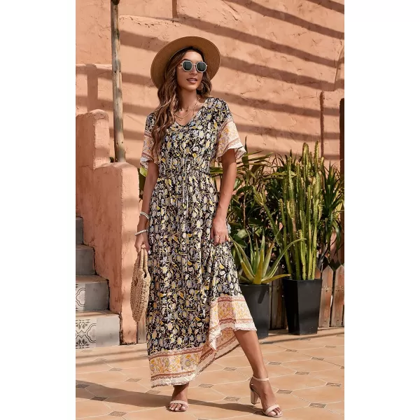 GRECERELLE Women Boho Summer Floral Print Loose Casual Dress V Neck Short Sleeve Drawstring Waist Flowy Long Maxi Dresses