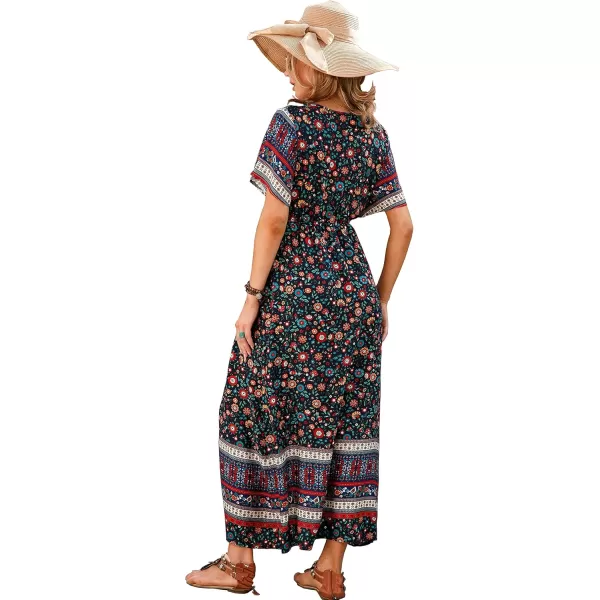GRECERELLE Women Boho Summer Floral Print Loose Casual Dress V Neck Short Sleeve Drawstring Waist Flowy Long Maxi Dresses