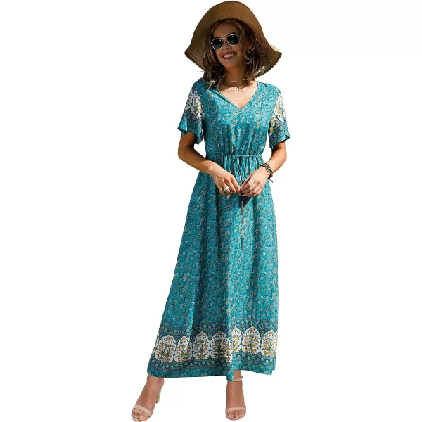 GRECERELLE Women Boho Summer Floral Print Loose Casual Dress V Neck Short Sleeve Drawstring Waist Flowy Long Maxi Dresses