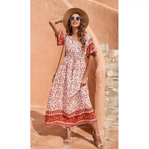 GRECERELLE Women Boho Summer Floral Print Loose Casual Dress V Neck Short Sleeve Drawstring Waist Flowy Long Maxi Dresses