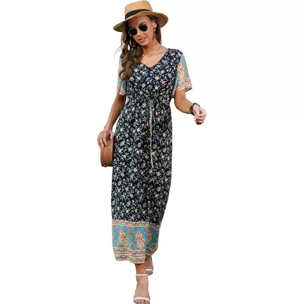 GRECERELLE Women Boho Summer Floral Print Loose Casual Dress V Neck Short Sleeve Drawstring Waist Flowy Long Maxi Dresses