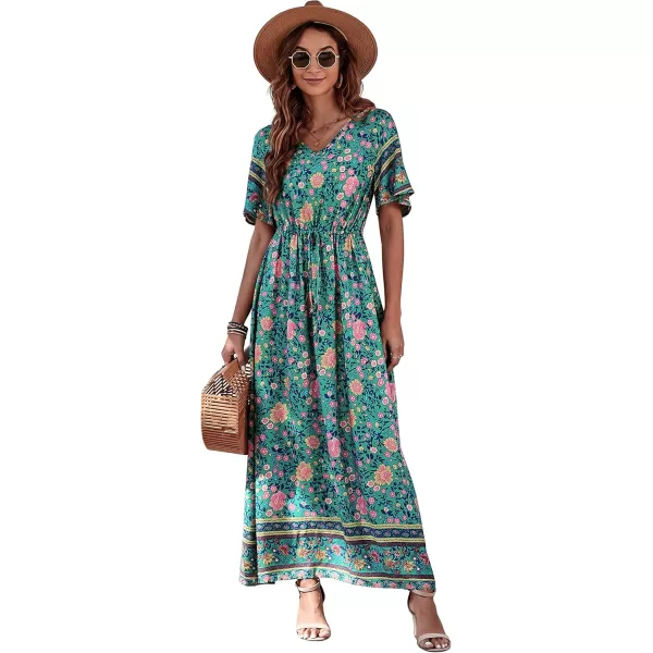 GRECERELLE Women Boho Summer Floral Print Loose Casual Dress V Neck Short Sleeve Drawstring Waist Flowy Long Maxi Dresses