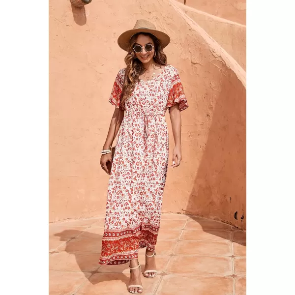 GRECERELLE Women Boho Summer Floral Print Loose Casual Dress V Neck Short Sleeve Drawstring Waist Flowy Long Maxi Dresses