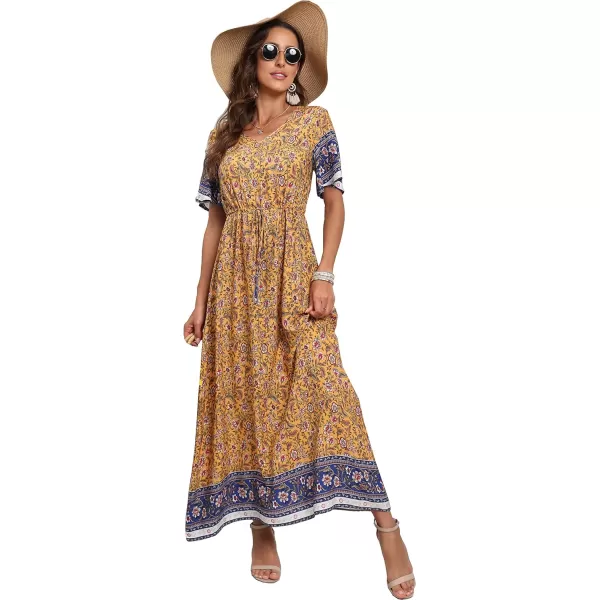 GRECERELLE Women Boho Summer Floral Print Loose Casual Dress V Neck Short Sleeve Drawstring Waist Flowy Long Maxi Dresses