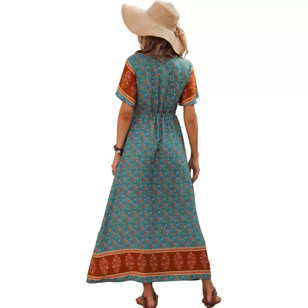 GRECERELLE Women Boho Summer Floral Print Loose Casual Dress V Neck Short Sleeve Drawstring Waist Flowy Long Maxi Dresses
