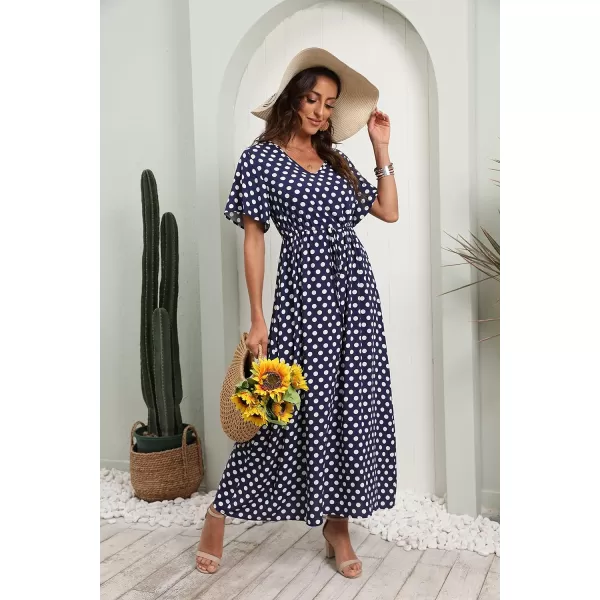 GRECERELLE Women Boho Summer Floral Print Loose Casual Dress V Neck Short Sleeve Drawstring Waist Flowy Long Maxi Dresses