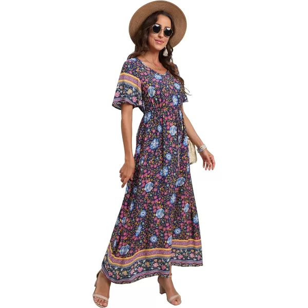 GRECERELLE Women Boho Summer Floral Print Loose Casual Dress V Neck Short Sleeve Drawstring Waist Flowy Long Maxi Dresses
