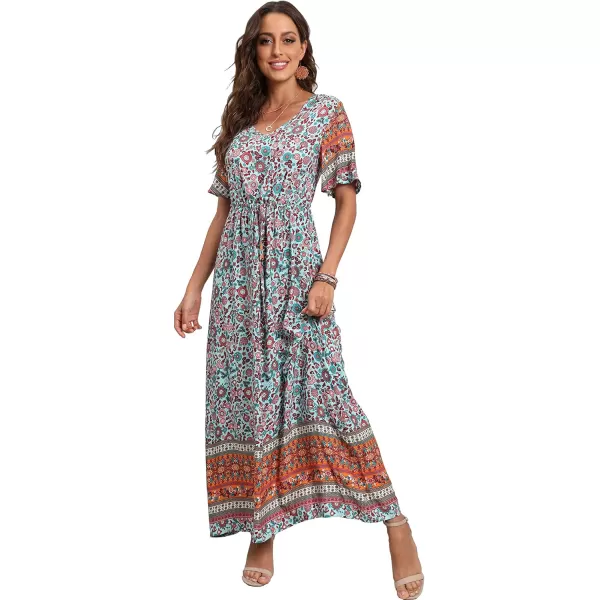 GRECERELLE Women Boho Summer Floral Print Loose Casual Dress V Neck Short Sleeve Drawstring Waist Flowy Long Maxi Dresses