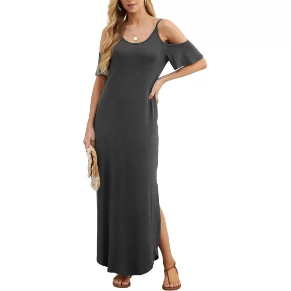 GRECERELLE Women Summer Maxi Dresses Casual Loose Strapless Strap Cold Shoulder Short Sleeve Split Long Dress with Pocket