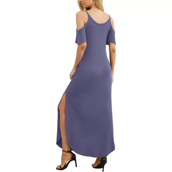 GRECERELLE Women Summer Maxi Dresses Casual Loose Strapless Strap Cold Shoulder Short Sleeve Split Long Dress with Pocket