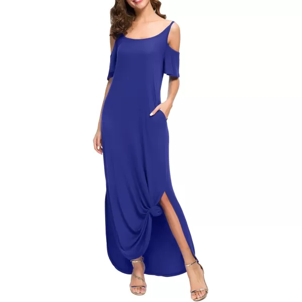 GRECERELLE Women Summer Maxi Dresses Casual Loose Strapless Strap Cold Shoulder Short Sleeve Split Long Dress with Pocket