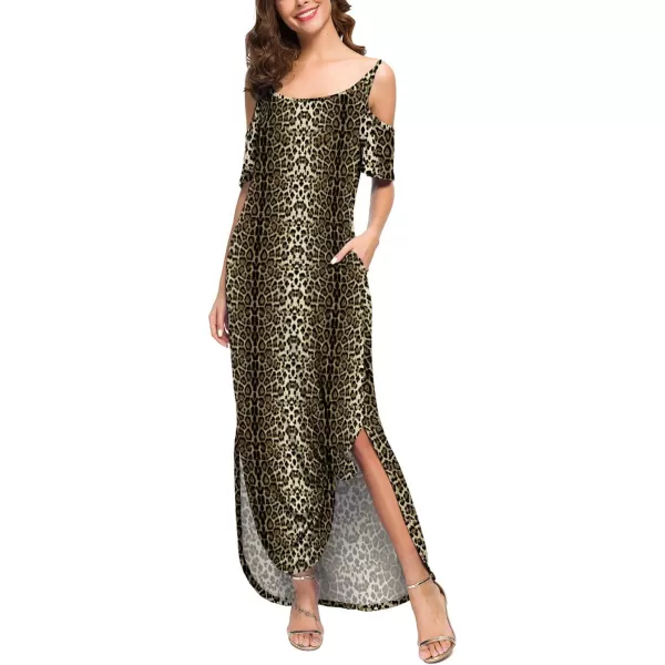 GRECERELLE Women Summer Maxi Dresses Casual Loose Strapless Strap Cold Shoulder Short Sleeve Split Long Dress with Pocket