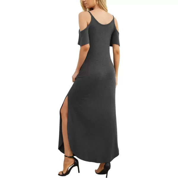 GRECERELLE Women Summer Maxi Dresses Casual Loose Strapless Strap Cold Shoulder Short Sleeve Split Long Dress with Pocket