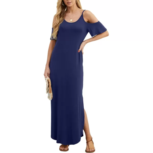 GRECERELLE Women Summer Maxi Dresses Casual Loose Strapless Strap Cold Shoulder Short Sleeve Split Long Dress with Pocket