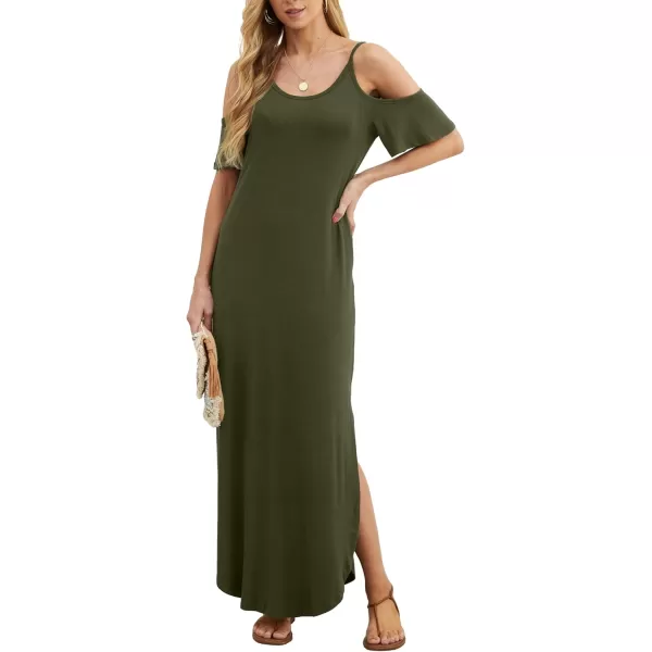 GRECERELLE Women Summer Maxi Dresses Casual Loose Strapless Strap Cold Shoulder Short Sleeve Split Long Dress with Pocket
