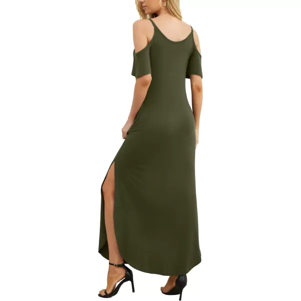 GRECERELLE Women Summer Maxi Dresses Casual Loose Strapless Strap Cold Shoulder Short Sleeve Split Long Dress with Pocket
