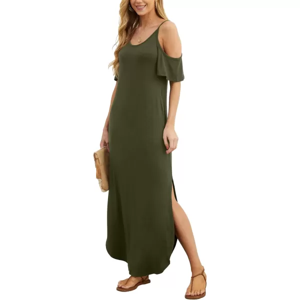 GRECERELLE Women Summer Maxi Dresses Casual Loose Strapless Strap Cold Shoulder Short Sleeve Split Long Dress with Pocket