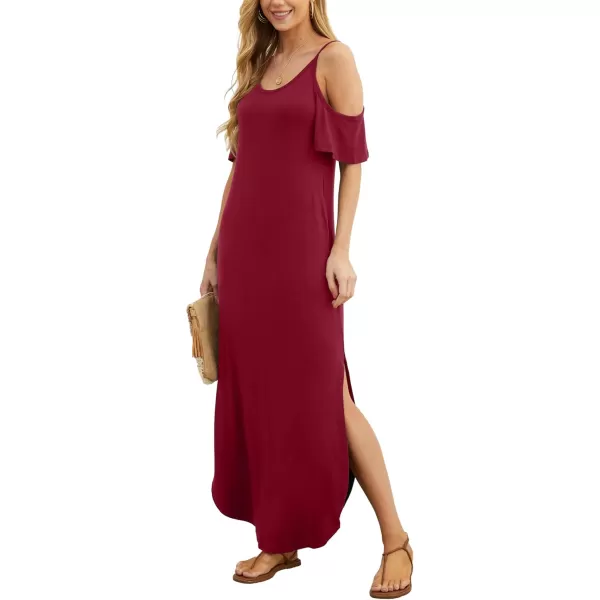 GRECERELLE Women Summer Maxi Dresses Casual Loose Strapless Strap Cold Shoulder Short Sleeve Split Long Dress with Pocket