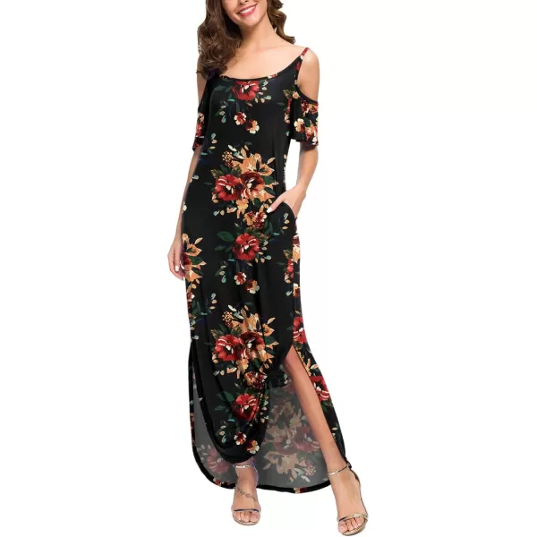 GRECERELLE Women Summer Maxi Dresses Casual Loose Strapless Strap Cold Shoulder Short Sleeve Split Long Dress with Pocket