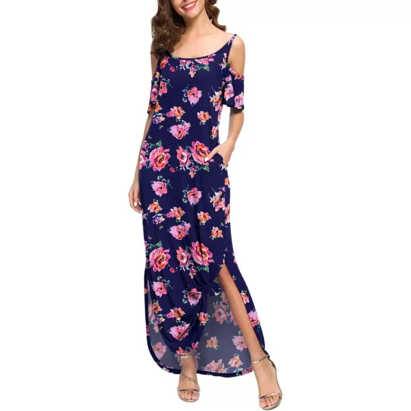 GRECERELLE Women Summer Maxi Dresses Casual Loose Strapless Strap Cold Shoulder Short Sleeve Split Long Dress with Pocket