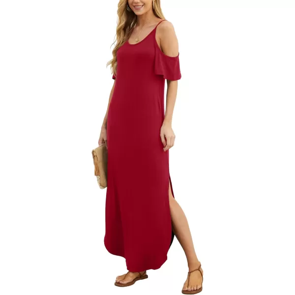 GRECERELLE Women Summer Maxi Dresses Casual Loose Strapless Strap Cold Shoulder Short Sleeve Split Long Dress with Pocket