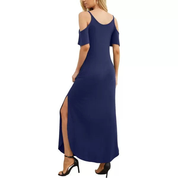 GRECERELLE Women Summer Maxi Dresses Casual Loose Strapless Strap Cold Shoulder Short Sleeve Split Long Dress with Pocket