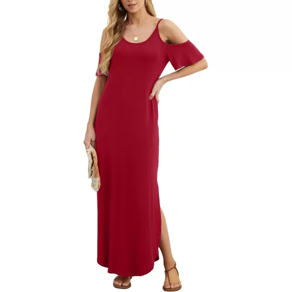 GRECERELLE Women Summer Maxi Dresses Casual Loose Strapless Strap Cold Shoulder Short Sleeve Split Long Dress with Pocket
