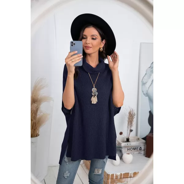 GRECERELLE Women Turtleneck Oversized Knit Batwing Sleeveless Loose High Low Hem Side Slit Pullover Sweater
