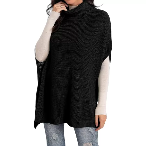 GRECERELLE Women Turtleneck Oversized Knit Batwing Sleeveless Loose High Low Hem Side Slit Pullover Sweater