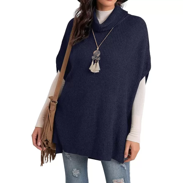 GRECERELLE Women Turtleneck Oversized Knit Batwing Sleeveless Loose High Low Hem Side Slit Pullover Sweater
