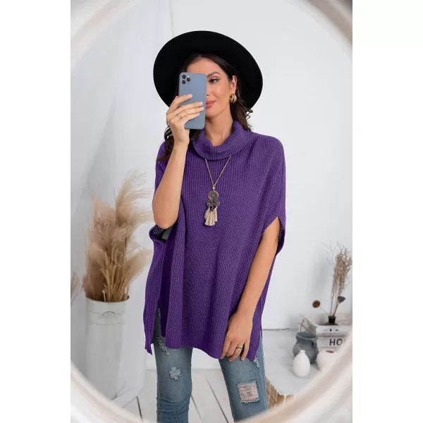 GRECERELLE Women Turtleneck Oversized Knit Batwing Sleeveless Loose High Low Hem Side Slit Pullover Sweater