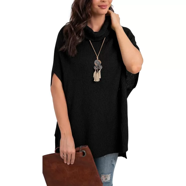 GRECERELLE Women Turtleneck Oversized Knit Batwing Sleeveless Loose High Low Hem Side Slit Pullover Sweater